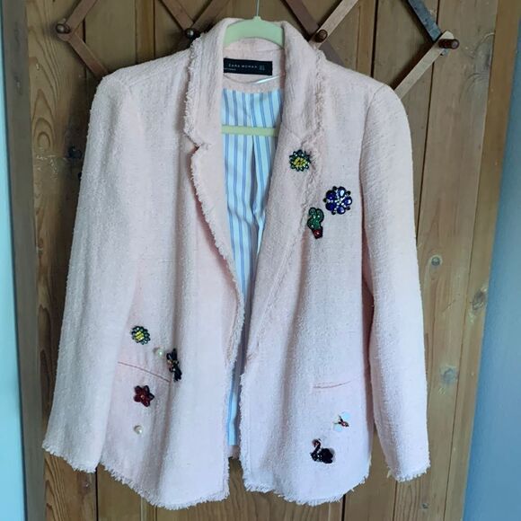 Zara blush pink tweed beaded floral embellished open blazer - Picture 1 of 11